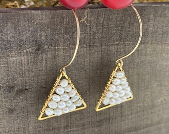 Pearl and Gold Earrings, Triangle Shaped Earrings, Wire Wrapped Earrings, Pearl Dangle Earrings