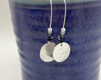 Hammered Silver Plated Circles with Black and White Seed Beads, Dangle Earrings, Sterling Silver Earrings, Sparkly Earrings