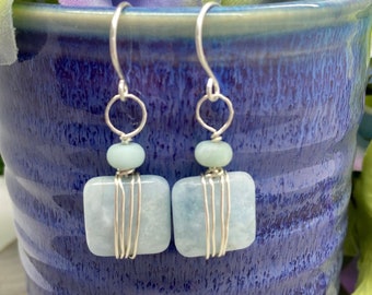 Aquamarine and Amazonite Earrings Wire Wrapped with Sterling Wire, Square Earrings, Light Blue Aquamarine & Amazonite Earrings, Gift for Her