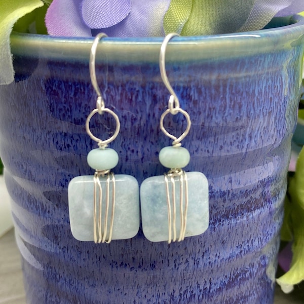 Aquamarine and Amazonite Earrings Wire Wrapped with Sterling Wire, Square Earrings, Light Blue Aquamarine & Amazonite Earrings, Gift for Her