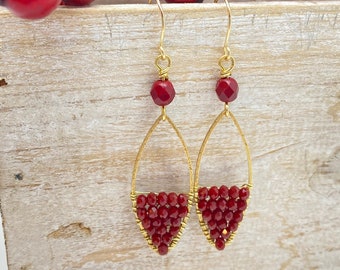 Red Crystal and Gold Earrings, Marquise Shaped Earrings, Wire Wrapped, Holiday Earrings