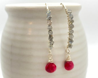 Ruby Briolette and Labradorite Threader Earrings, Dangle Earrings, Sterling Silver Earrings