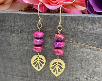 Ruby Crazy Lace Agate Earrings, Ruby Pink and Brass Leaf Earrings, Ruby Agate Drop Earrings, Brass Leaf Dangles with Ruby Agate Earrings