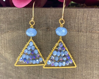 Gold & Brass Triangle Earrings with Blue Czech Glass, Brass Triangles with Blue Crystals, Blue Crystal Earrings, Blue Drop Earrings