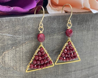 Gold & Brass Triangle  Earrings, Brass Triangles Wire Wrapped with Red Crystals, Red Crystals and Triangle Earrings, Red Drop Earrings