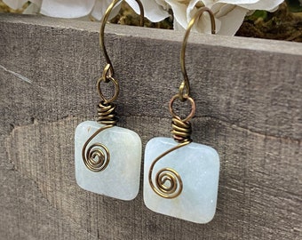 Aquamarine Earrings with a Vintage Bronze Swirl, Square Aquamarine Earrings with Vintage Bronze, Light Green Aquamarine, Gift for Her