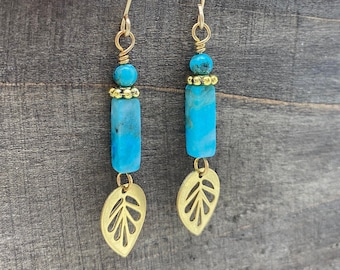 Turquoise Jasper Earrings, Turquoise Jasper Tube Beads and Brass Leaf Earrings, Turquoise Drop Earrings, Brass Leaf Dangles with Turquoise