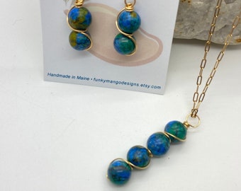 Blue and Green Azurite Calcite Beads with Fire Polished Crystals Necklace and Earrings Set, Dangle Earrings, 14k Gold Earrings, Jewelry Set