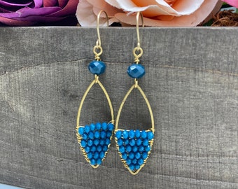 Blue Crystal, Czech Glass and Gold Earrings, Marquise Shaped Earrings, Wire Wrapped, Blue Crystal and Glass Dangle Earrings