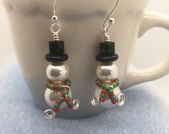 Winter Snowman Earrings, Christmas Snowman, Gift for Her, Silver Jewelry, Handmade, Winter Gift