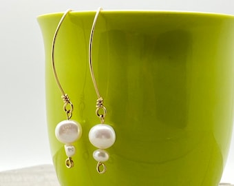 Freshwater Pearl and Gold Dangle Earrings, Long Pearl Earrings, Gold and Pearl Earrings