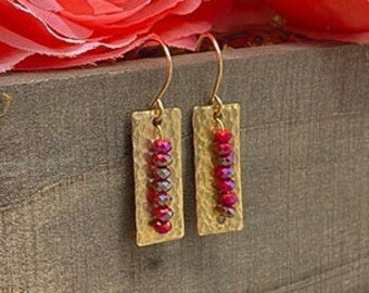 Ruby Red Crystals and Hammered Copper Earrings, Garnet Red Crystal Earrings, Hammered Copper Wire Wrapped, 14k gold Earrings