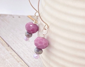 Pink and Gray Glass and Chinese Crystal Dangle Earrings, Pink Dangle Earrings, Silver and Crystal Earrings