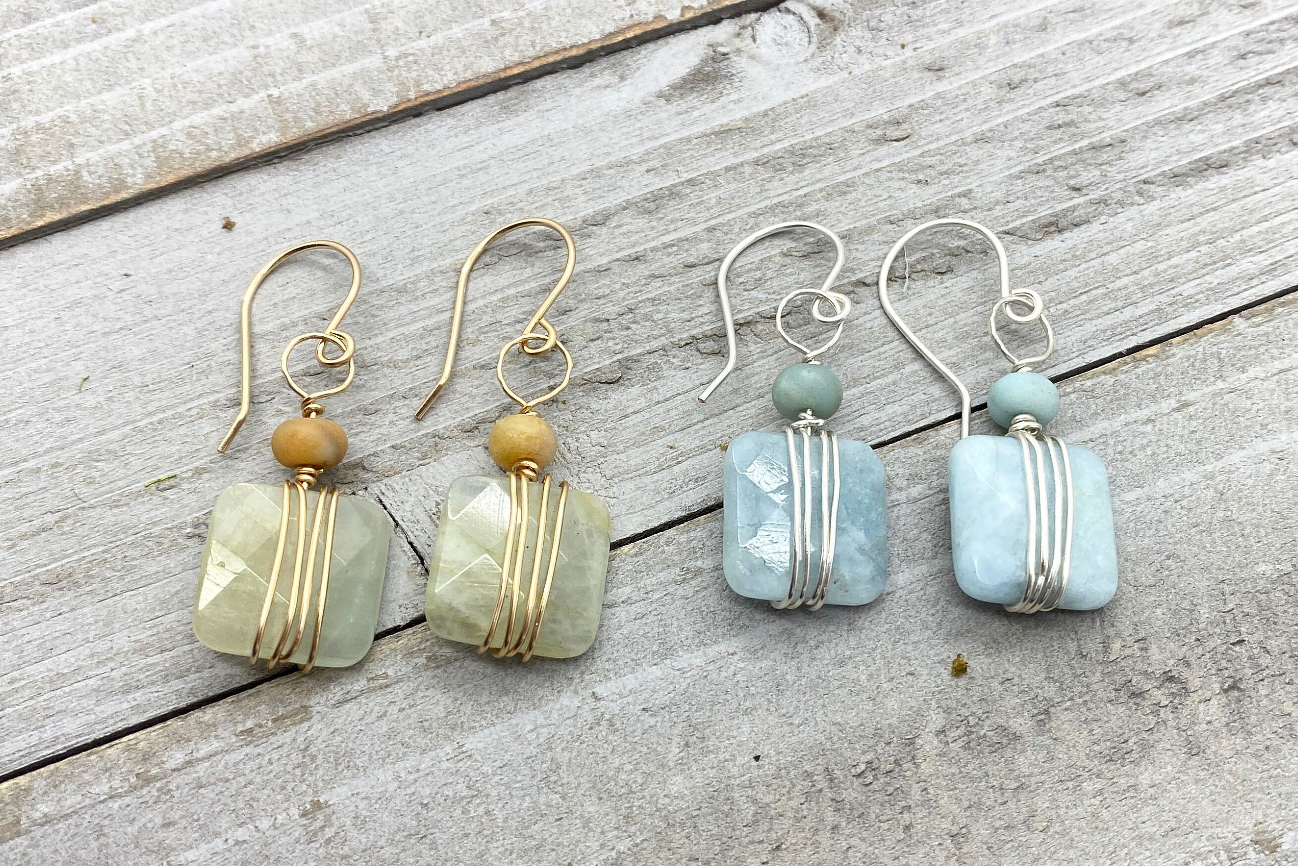 Aquamarine and Amazonite Earrings Wire Wrapped With 14k Gold - Etsy