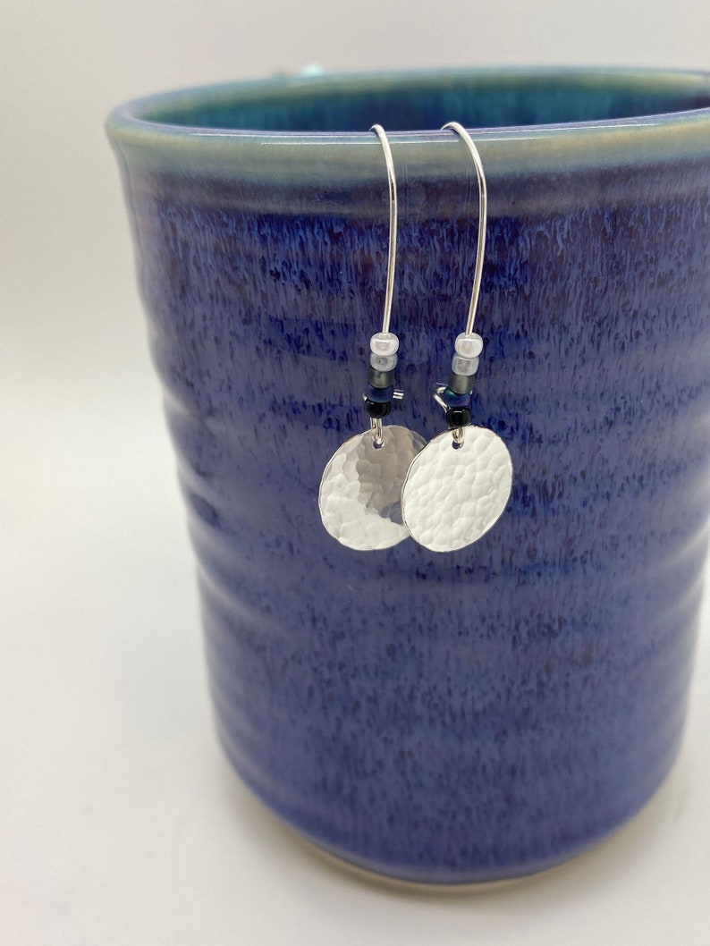 Hammered Silver Plated Circles with Black and White Seed Beads, Dangle Earrings, Sterling Silver Earrings, Sparkly Earrings image 1