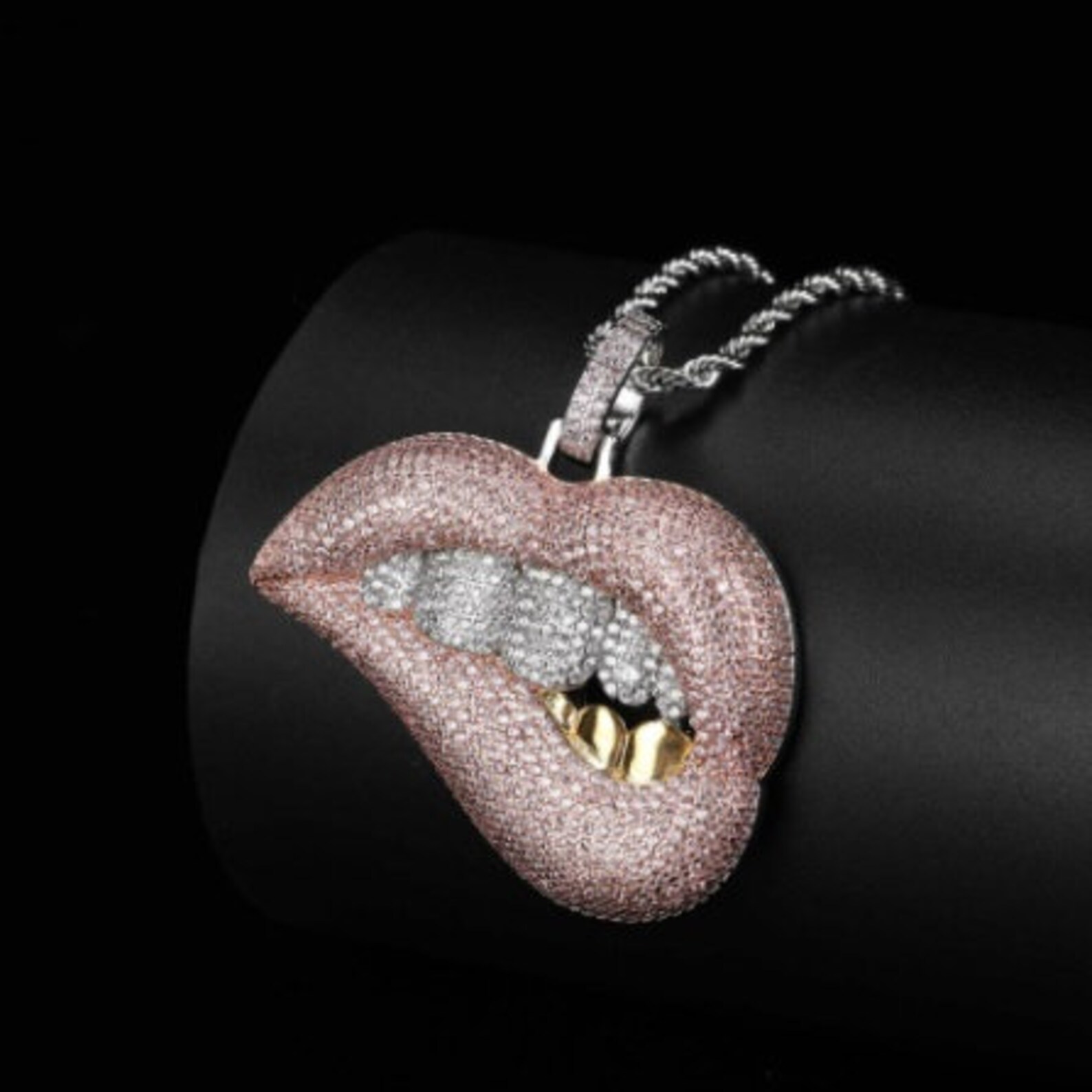 Bling Pink Lip Pendant Full Cubic Zirconia Necklace With Rope Etsy
