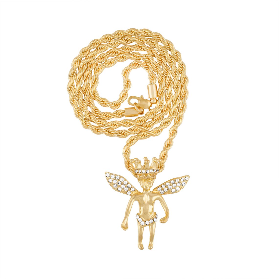 Iced Out Angel Pendant on 24 or 30 Inch Gold Plated Rope Chain Etsy
