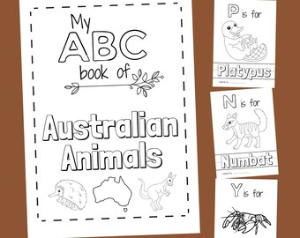 Australische dieren ABC kleuren in A4-pagina's - babyborrels, kinderen, kleuterschool, kleuterschool, basisschool afdrukbare PDF