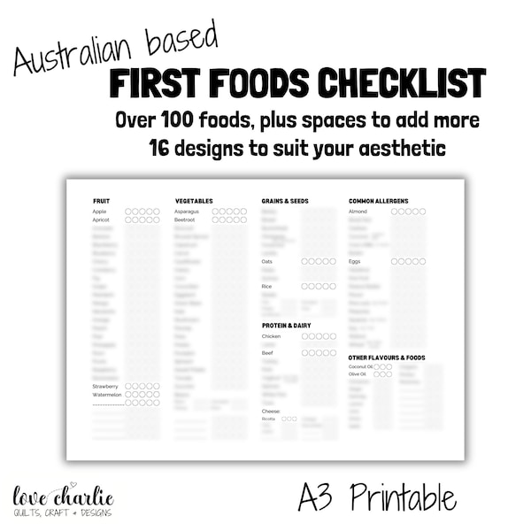 Suivi de la liste de contrôle des premiers aliments de bébé - Basé en Australie, sevrage dirigé par bébé, purées, téléchargement imprimable PDF A3, plus de 100 aliments