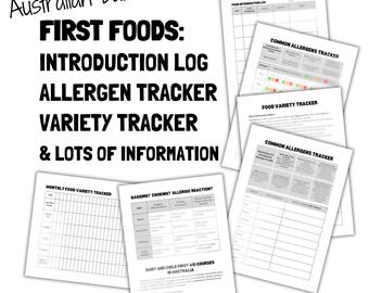 Registro de introducción al registro de primeros alimentos Lista de verificación de alérgenos del bebé Guía de variedades Diario de destete imprimible Nutrición australiana Comenzando con sólidos