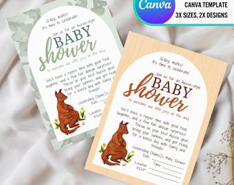 Può includere: Due inviti stampabili per un baby shower con sfondo verde chiaro e marrone. Gli inviti presentano un canguro con un piccolo nella sua tasca. Il testo sugli inviti recita "G'day, mates! It's time to celebrate! Join us for an Aussie-style Baby Shower to welcome our little joey on the way."