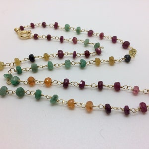 Rosary-style necklace, rubies, sapphires, emeralds, gold plated silver