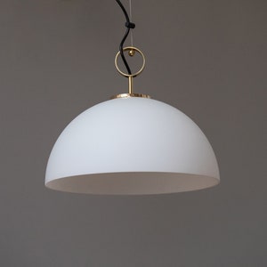 1 of 5 large Glashütte Limburg pendant lamp made of opal glass and brass, Germany 1970s