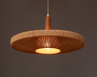 rare large Temde pendant lamp made of sisal and teak, Germany 1960s