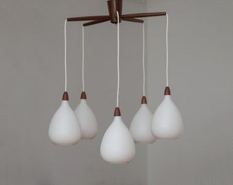 Rare ceiling light made of rosewood and opal glass, Scandinavia, 1960s