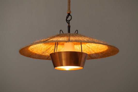 Rare Large Pendant Lamp Made Of Copper And Jute Germany 1950s