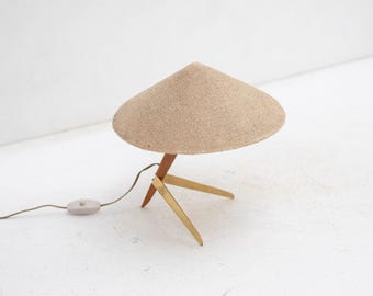 Rupert Nikoll table lamp made of oak and brass with straw shade, Austria 1950s
