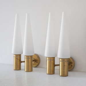 Pair of (2) Hans Agne Jakobsson brass and opaline glass wall lights, Sweden 1960s