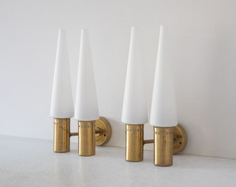 Pair of (2) Hans Agne Jakobsson brass and opaline glass wall lights, Sweden 1960s