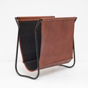 Mid Century newspaper rack made of iron and leather, 1960s