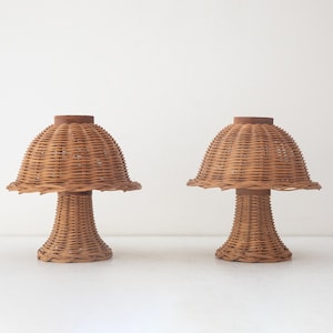 Rare pair of mushroom-shaped table lamps made of rattan and pine wood, Austria 1960s