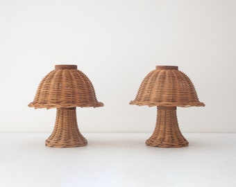Rare pair of mushroom-shaped table lamps made of rattan and pine wood, Austria 1960s