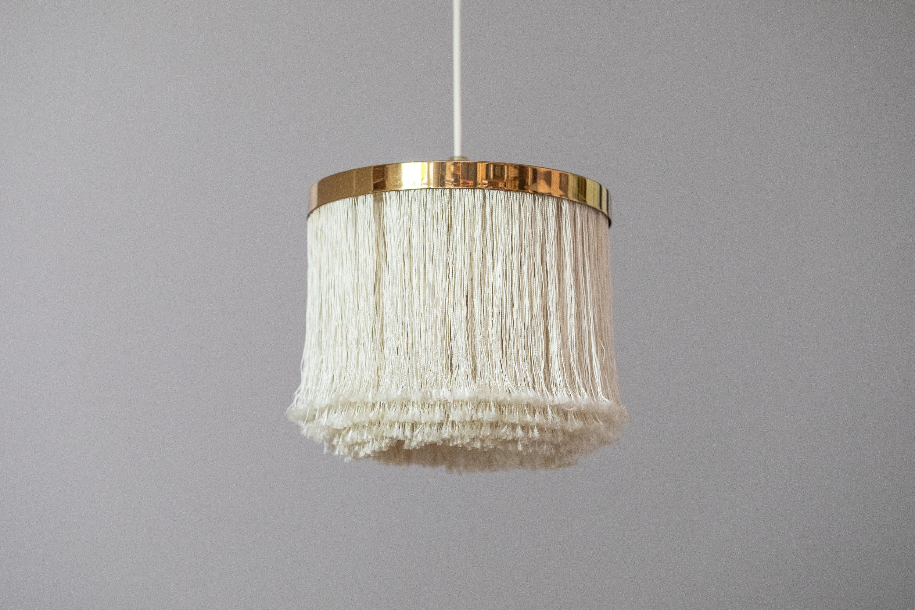 Hans-Agne Jakobsson T-605 fringe pendant lamp in brass and silk, Sweden 1960s
