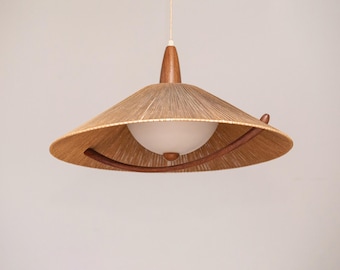Large Temde pendant lamp made of teak, raffia and plexiglass, Germany 1960s