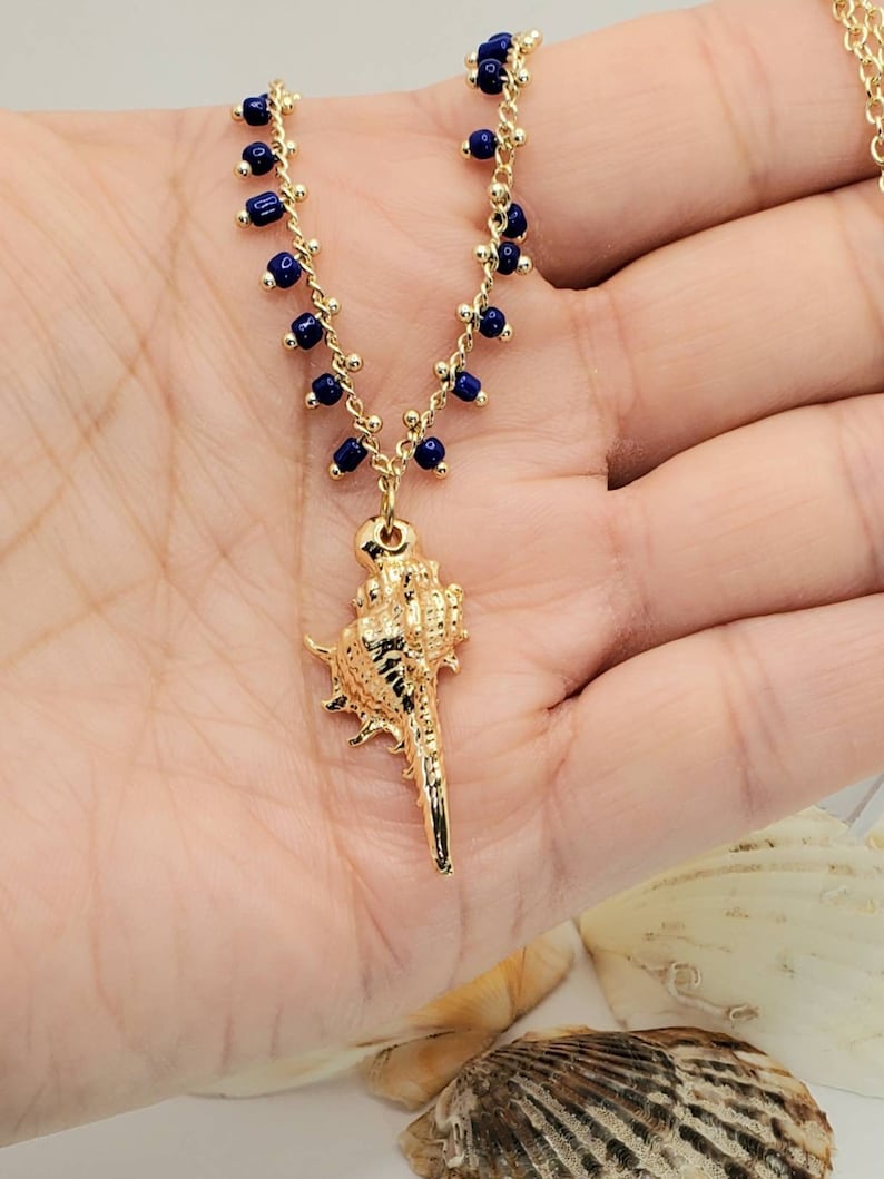 Perfect Birthday Gift Shell Pendant Necklace Beautiful Blue Miyuki Seed Gold Plated Shell Necklace