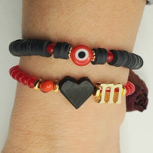 Jet Stone & Red Agate Initial Bracelet | Evil Eye Protection Jewelry