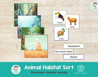 May include: A Montessori-inspired animal habitat sort activity with colorful illustrations of animals and their habitats. The cards feature a toucan, camel, turtle, woodland, farm and urban, and ocean.