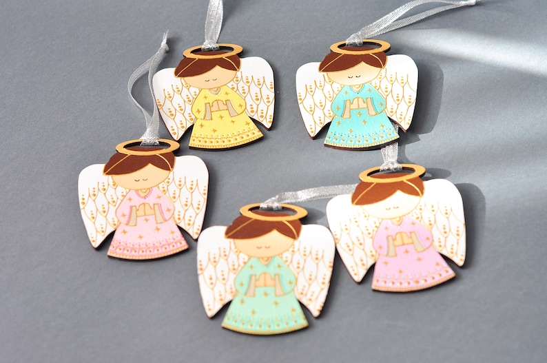 set of 5 Christmas Angels ornaments wooden Angels ornaments customized ornaments Xmas tree decorations Personalized Christmas Angel gift