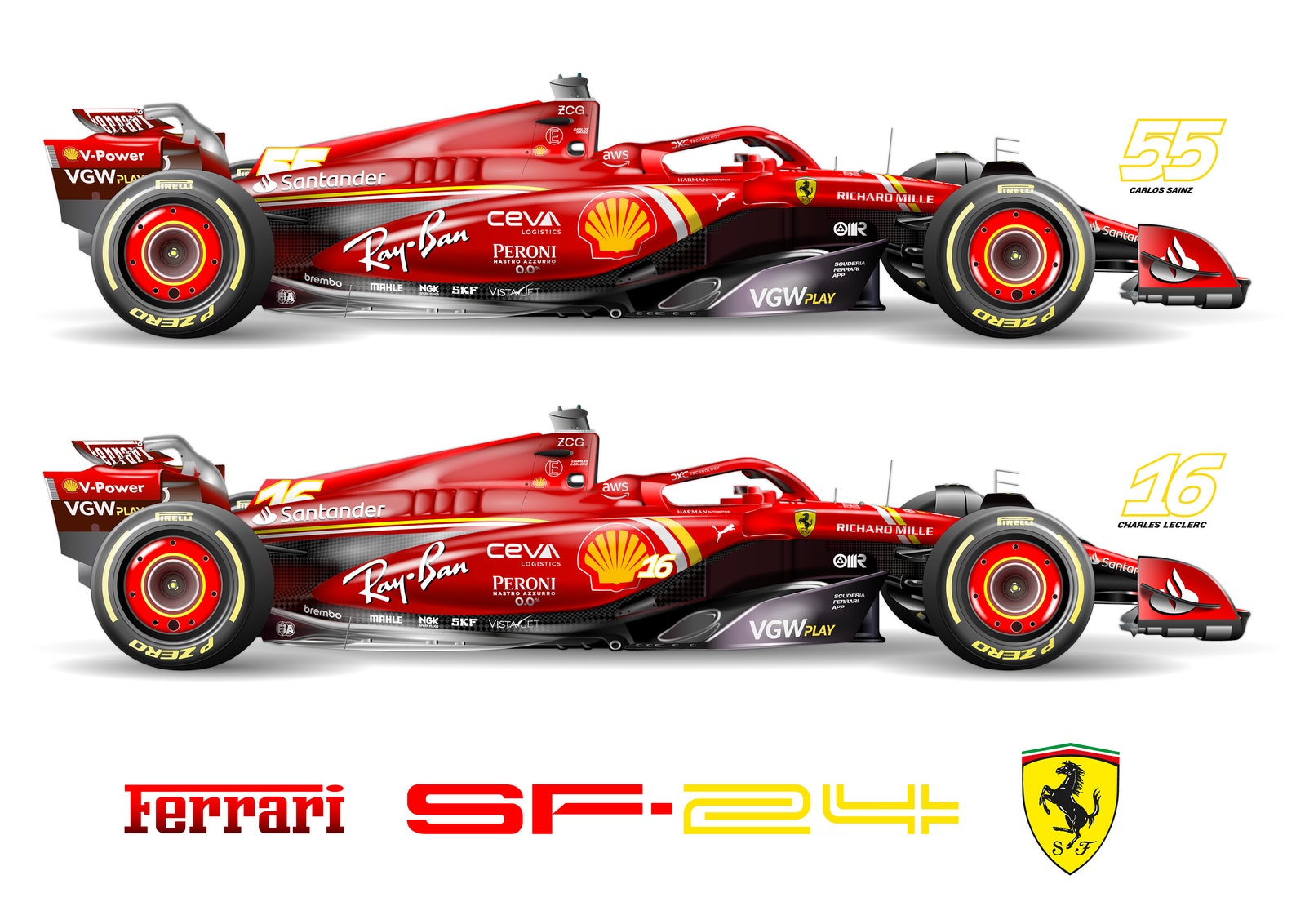 Ferrari SF 24 Formula 1 Number 16 Charles Leclerc and Number 55 Carlos ...