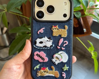 Funda para iPhone con diseño de gato bordado en mezclilla en 3D para amantes de las mascotas.