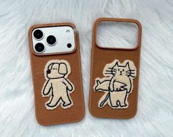 Brown Suede Plush Cat & Dog Phone Case for iPhone 17 16 15 14 13 pro max, Couple Fluffy Animal Cover