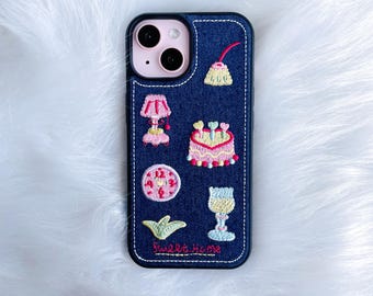 Kawaii Embroidered Denim iPhone Case: Y2K Dessert Design
