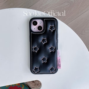 Coquette Embroidered Star Leather Phone Case, Elegant Girly Aesthetic Cute Phone Cover for iPhone 13 14 15 16 Pro Max, tough cute phone case