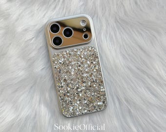 Ultra Sparkly Silver Glitter iPhone Case for 17 16 15 14 13 pro max,Shiny Protective Cover with Mirror Lens