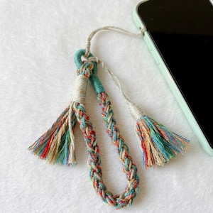 Boho Phone Wrist Strap, Teal & Rust Braided Woven Phone Charm, Camera Lanyard with Tassel