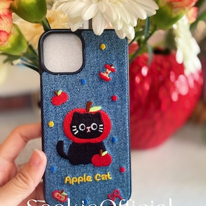 Funda para teléfono Apple Cat, funda vaquera bordada para iPhone, funda para iPhone 13, 14, 15 y 16 Pro Max, funda vaquera con bordado de fruta y mascota para iPhone